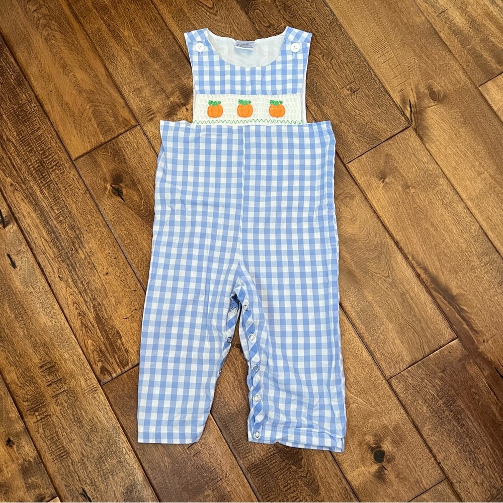 Boutique infant boy gingham pumpkin overalls